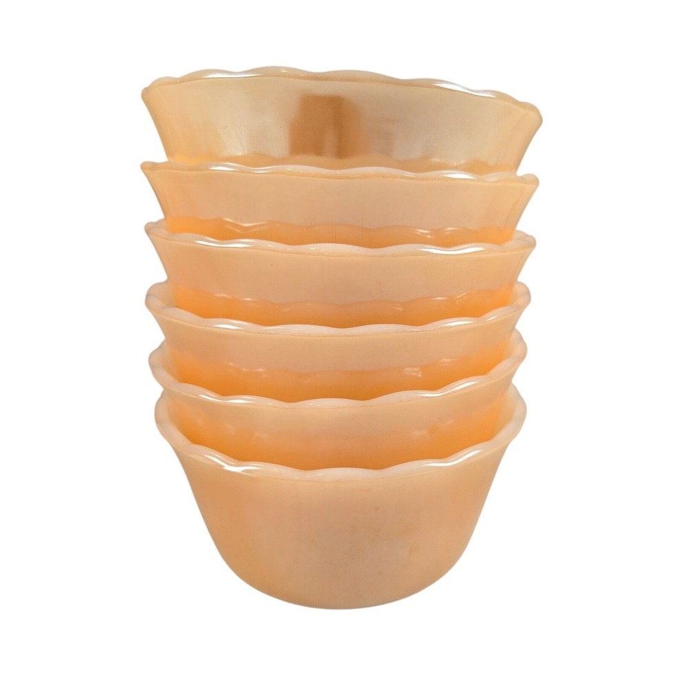 Vintage Fire King Peach Lustre Scalloped Custard Cups Ramekins Set of 6 USA